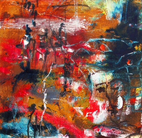 Abstract painting in red colors, oil painting on canvas